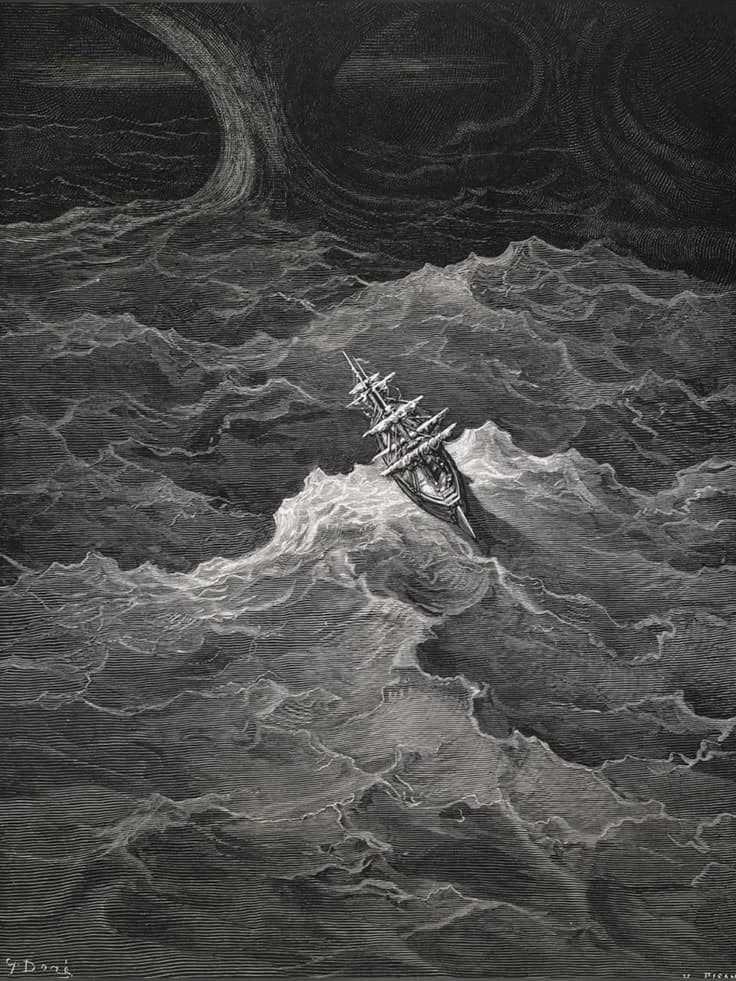 A ship navigating a stormy sea, Gustave Doré
